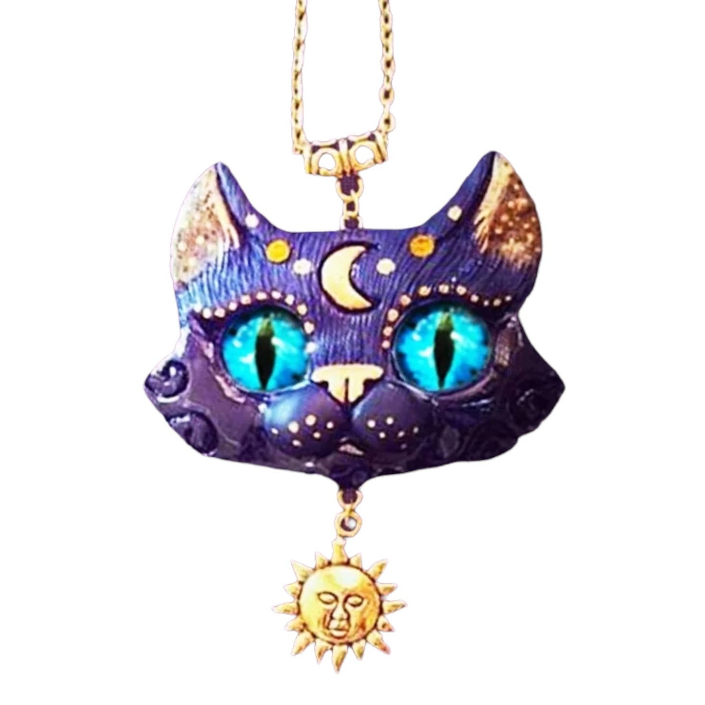 Gold Tone Enamel Purple Magic Wizzard Celestial Cat Pendant 18 Chain 29$